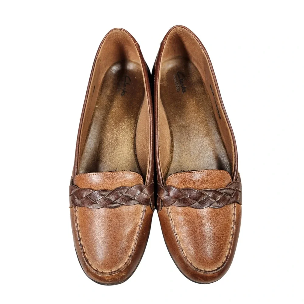 Vintage Clarks Brown Leather Braided Loafers Heritage Grandmacore Cottagecore 8